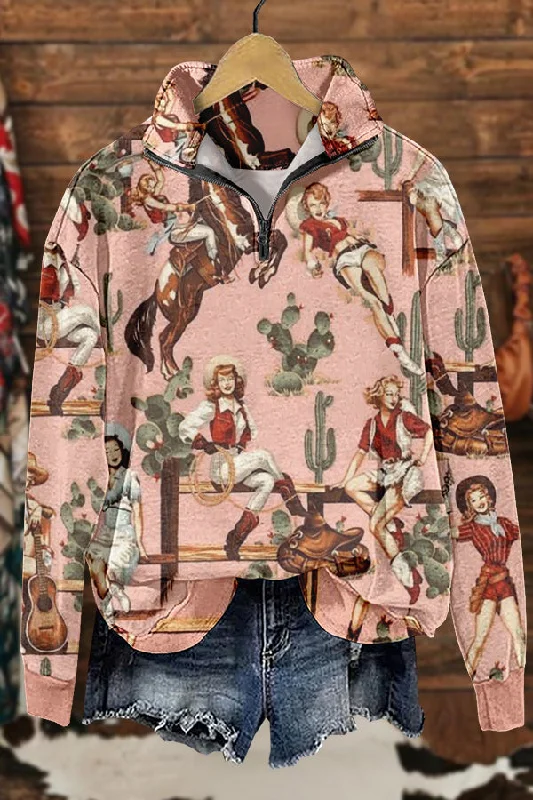 Chic Cowgirl Rodeo Print Sweatshirt Hoodie with Hem Applique Textured Unique