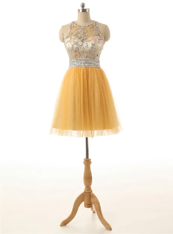 Short Yellow Tulle Prom Party Dresses A Line Homecoming Dresses Sequins Beading Tunics Trendy modern Short Yellow Tulle Prom Party Dresses A Line Homecoming Dresses Sequins Beading Tunics Trendy modern