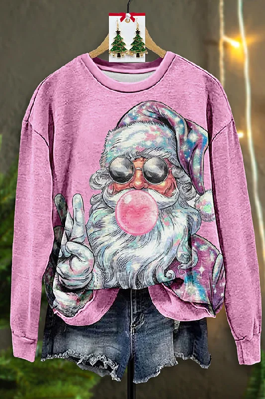 Vintage Santa Claus Print Sweatshirt Hoodie with Tied Waist Feminine Flattering