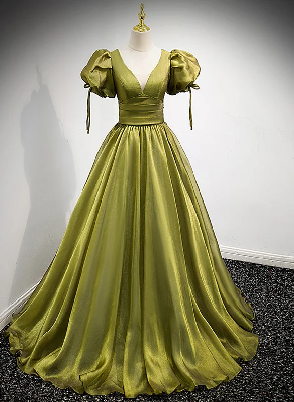 Light Green Short Sleeves Long A-line Prom Dress, Green Lace-up Party Dress Tunics Satin smooth Light Green Short Sleeves Long A-line Prom Dress, Green Lace-up Party Dress Tunics Satin smooth
