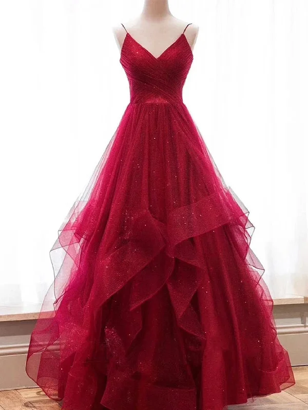 Wine Red Layers Tulle V-neckline Straps Formal Dress, Wine Red Evening Dress Party Dress Tunics Distressed trendy Wine Red Layers Tulle V-neckline Straps Formal Dress, Wine Red Evening Dress Party Dress Tunics Distressed trendy