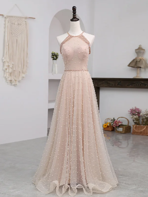 Pink Beaded Tulle Halter Long Formal Dress Evening Dress, Pink Long A-line Party Dress Crew Neckline Casual Pink Beaded Tulle Halter Long Formal Dress Evening Dress, Pink Long A-line Party Dress Crew Neckline Casual