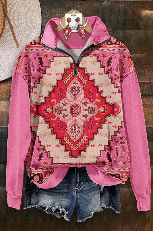 Sweet Aztec Print Zip-Up Sweatshirt Hoodie with Hem Detail Decorative Unique