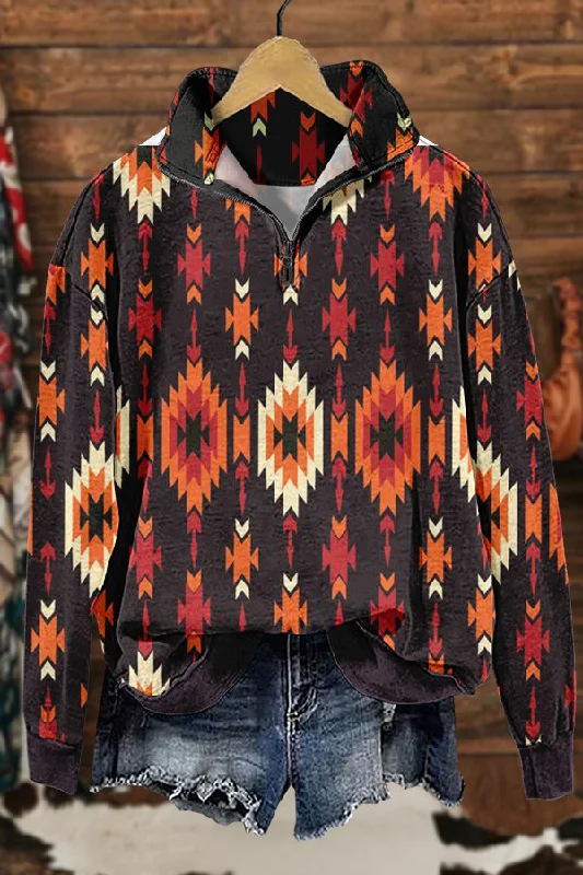 Western Cowboy Aztec Print Sweatshirt Hoodie with Hem Contrast Bold Stylish