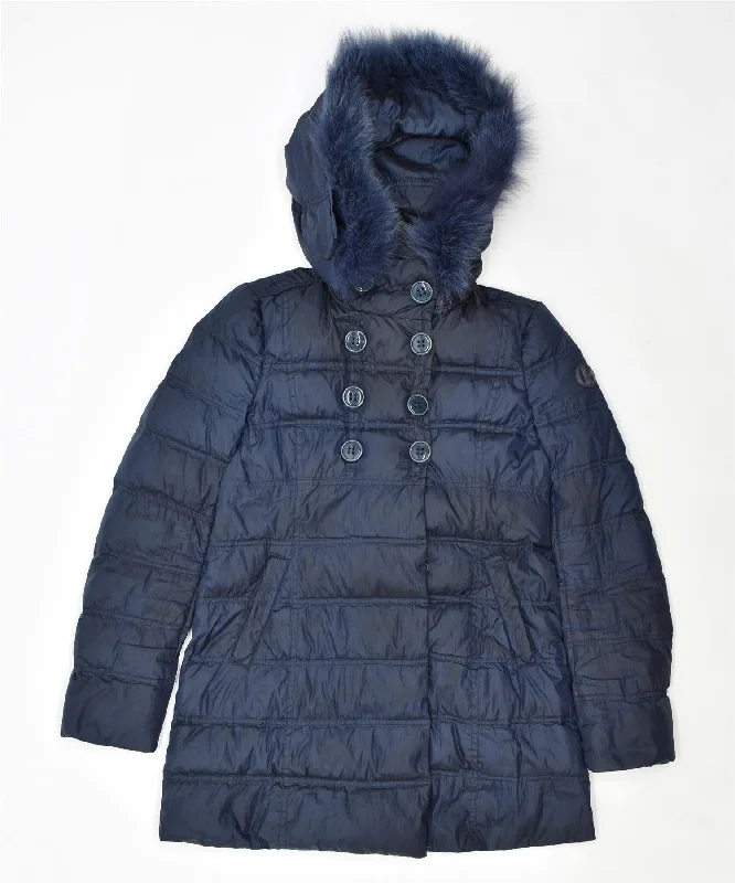 KEJO SOUL Womens Hooded Padded Jacket IT 40 Small Navy Blue Polyester Front Pockets Side Pockets Patch Pockets