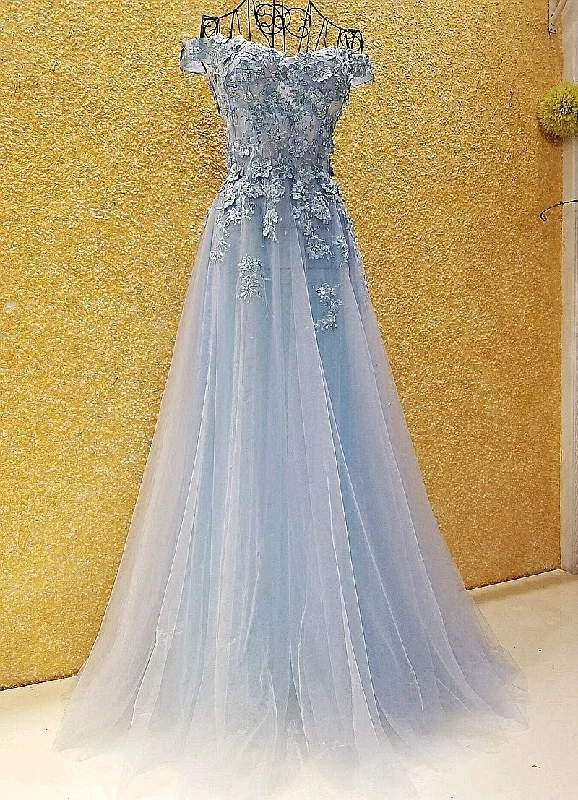 Light Blue Off Shoulder Long Party Dress with Flowers, Tulle Blue Evening Dress Prom Dress Tunics Fall fleece Light Blue Off Shoulder Long Party Dress with Flowers, Tulle Blue Evening Dress Prom Dress Tunics Fall fleece