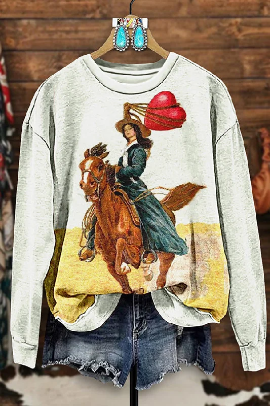 Retro Western Cowgirl Print Sweatshirt Hoodie with Thumb Holes Functional Cozy