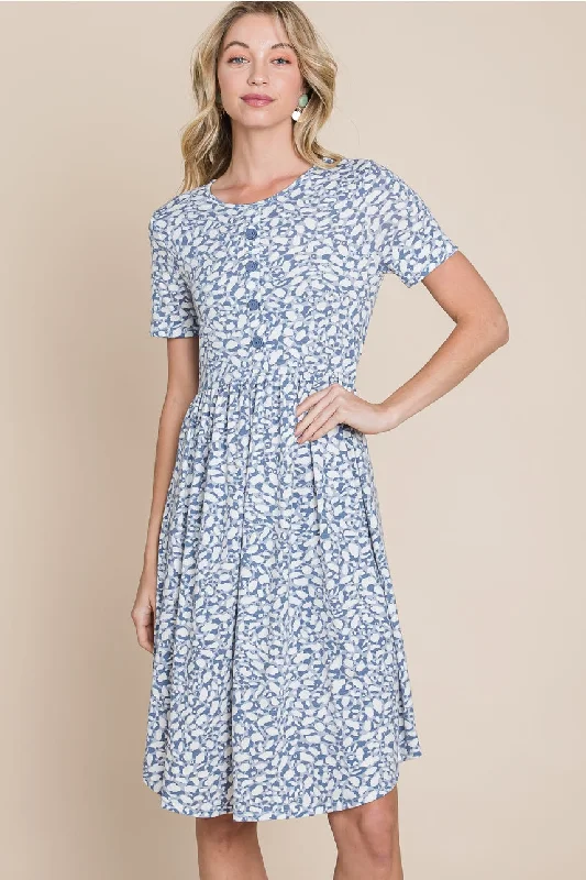 Size XL Blue Floral Dress with Button Accents Tunics Denim casual