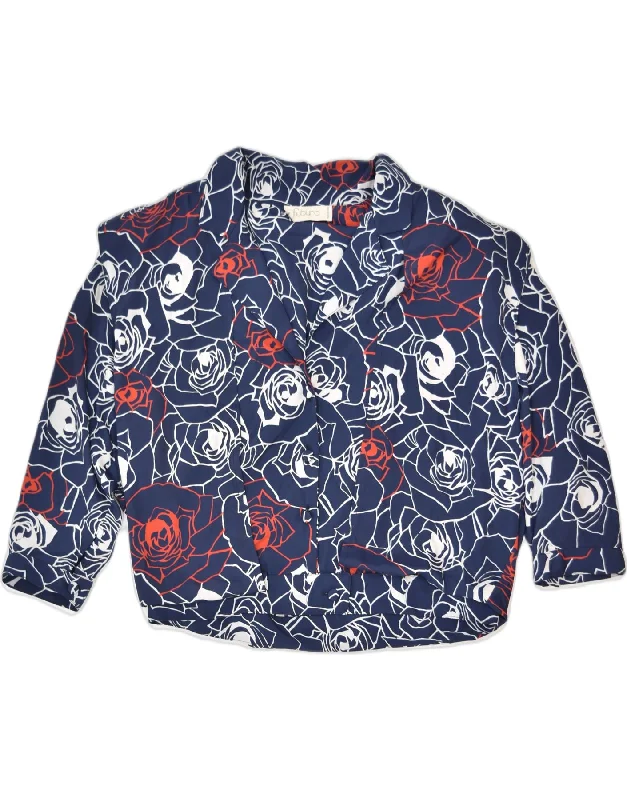 VINTAGE Womens Crop 3/4 Sleeve Blazer Jacket UK 12 Medium Navy Blue Floral Front Pockets Side Pockets Patch Pockets