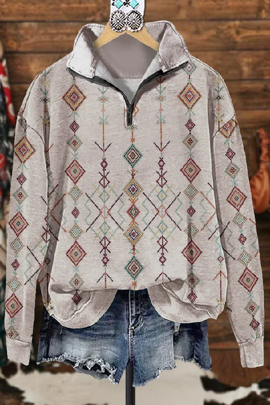 Classic Contrast Graphic Print Sweatshirt Hoodie with Half-Zip Sporty Casual