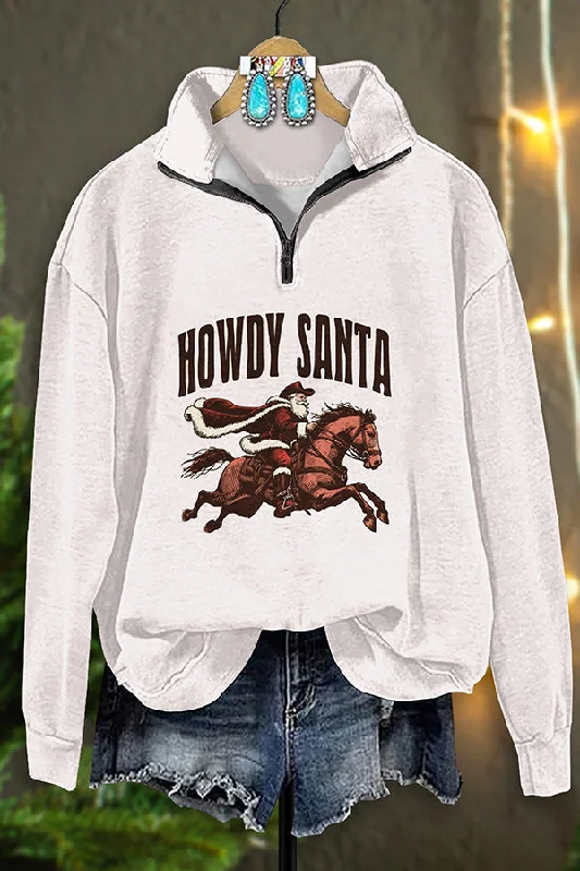 Vintage Western Santa Print Zip-Up Sweatshirt Hoodie with Neon Bright Vibrant