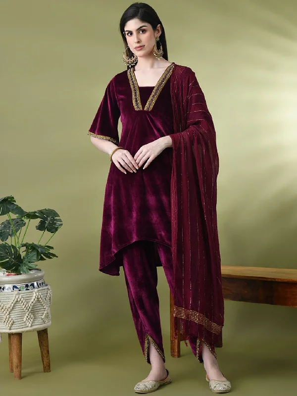 Sangria Yoke Design Velvet Kurta & Dhoti Pants With Dupatta High-Waist Jogger Pants