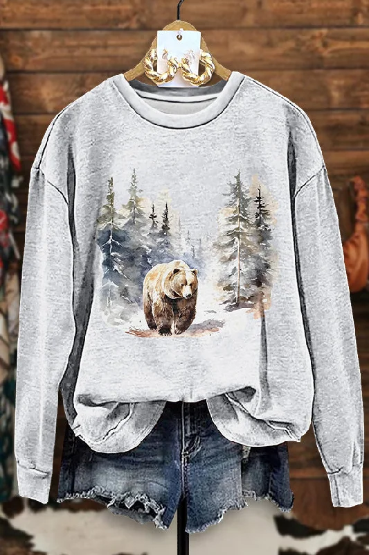 Retro Bear Wilderness Watercolor Sweatshirt Hoodie with Illustration Artistic Creative