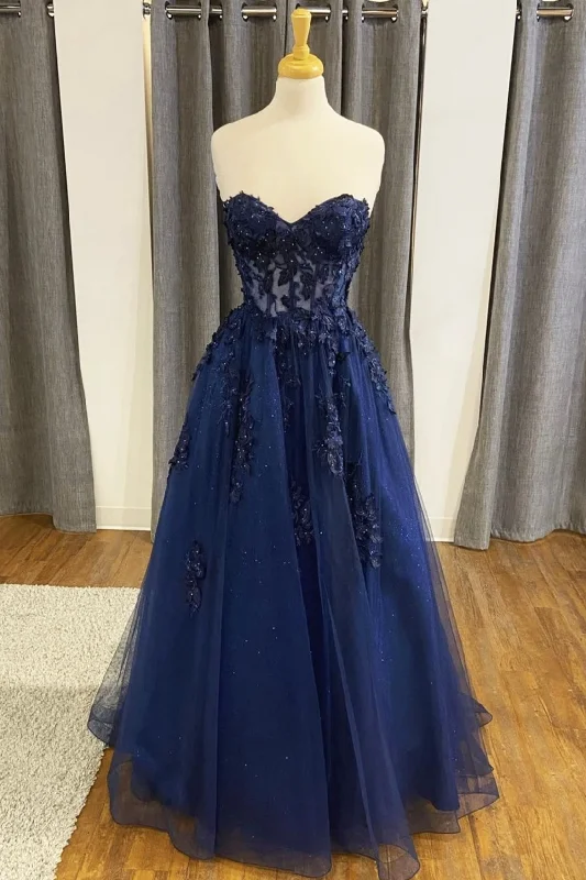 Blue Strapless Lace Long Prom Dress, A-Line Evening Dress Party Dress Shift Classic Vintage