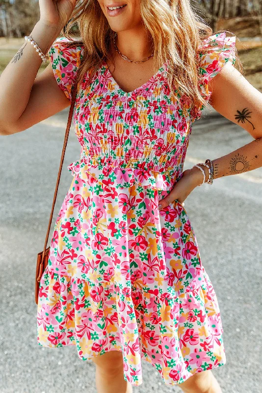 Blue Zone Planet | Multicolor Smocked Bodice Ruffle Trim Floral Dress Tunics Prom sequined Blue Zone Planet | Multicolor Smocked Bodice Ruffle Trim Floral Dress Tunics Prom sequined