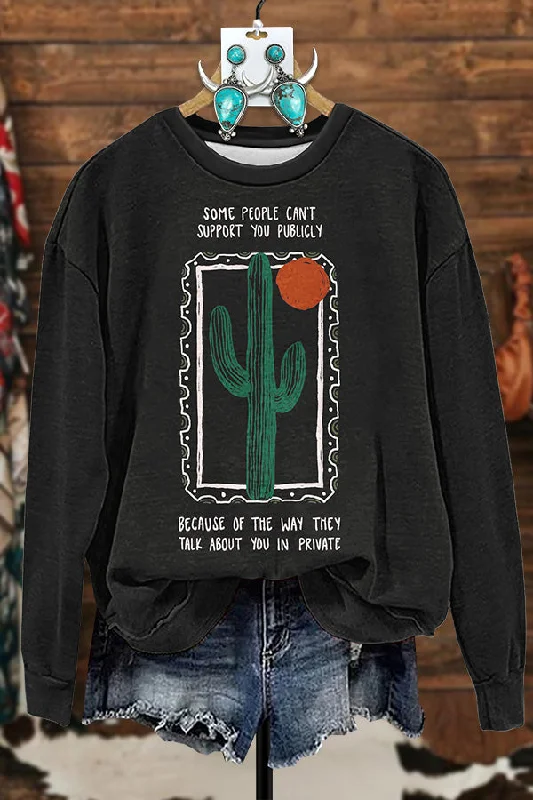 Western Cactus Print Sweatshirt Hoodie with Hem Raw Edge Edgy Unfinished