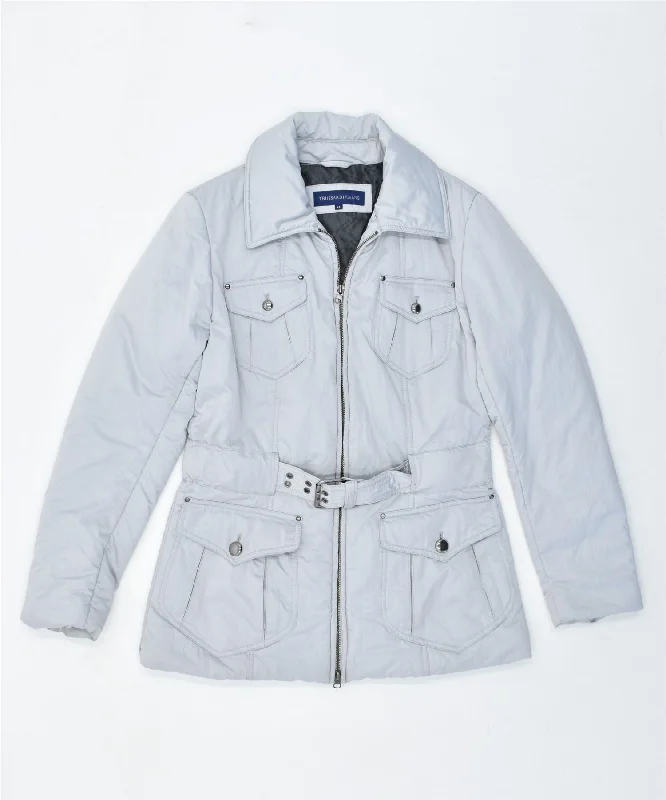 TRUSSARDI JEANS Womens Padded Jacket IT 46 Large Grey Polyester Snapped Jacket Toggled Jacket Drawstring Jacket