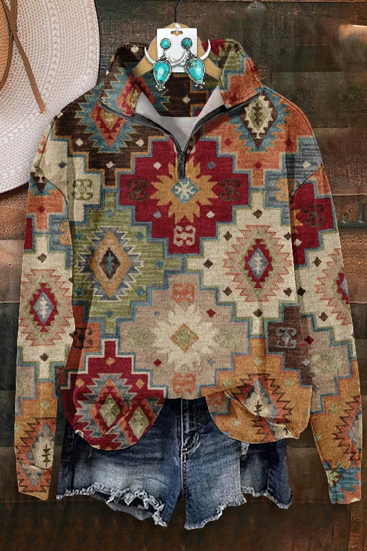 Vintage Aztec Print Zip-Up Sweatshirt Hoodie Jacket Zipper Layering