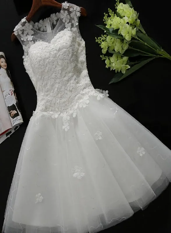 White Tulle Lace Round Neckline Knee Length Graduation Dresses, White Short Prom Dresses Party Dresses empire Waist empire White Tulle Lace Round Neckline Knee Length Graduation Dresses, White Short Prom Dresses Party Dresses empire Waist empire