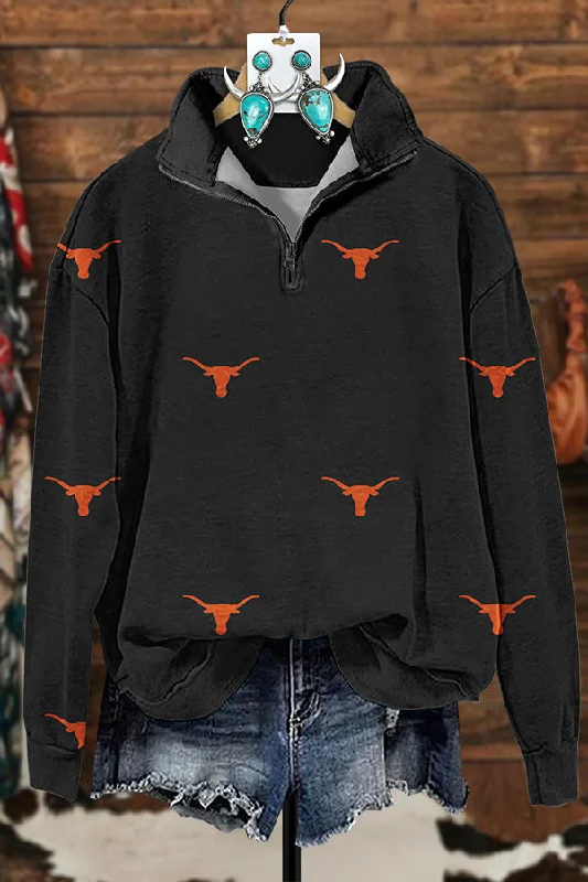 Western Longhorn Print Zipper Sweatshirt Hoodie with Button Classic Timeless