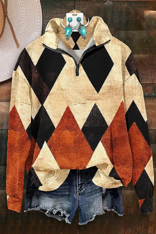 Vintage Diamond Print Zip-Up Sweatshirt Hoodie with Oversized Fit Loose Comfortable