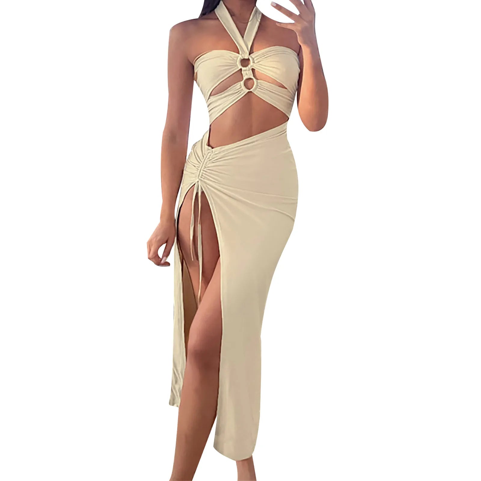Women Sexy Hollow Out Halter Neck New Drawstring High Slit Cocktail Party Dress Tunics Designer luxury Women Sexy Hollow Out Halter Neck New Drawstring High Slit Cocktail Party Dress Tunics Designer luxury