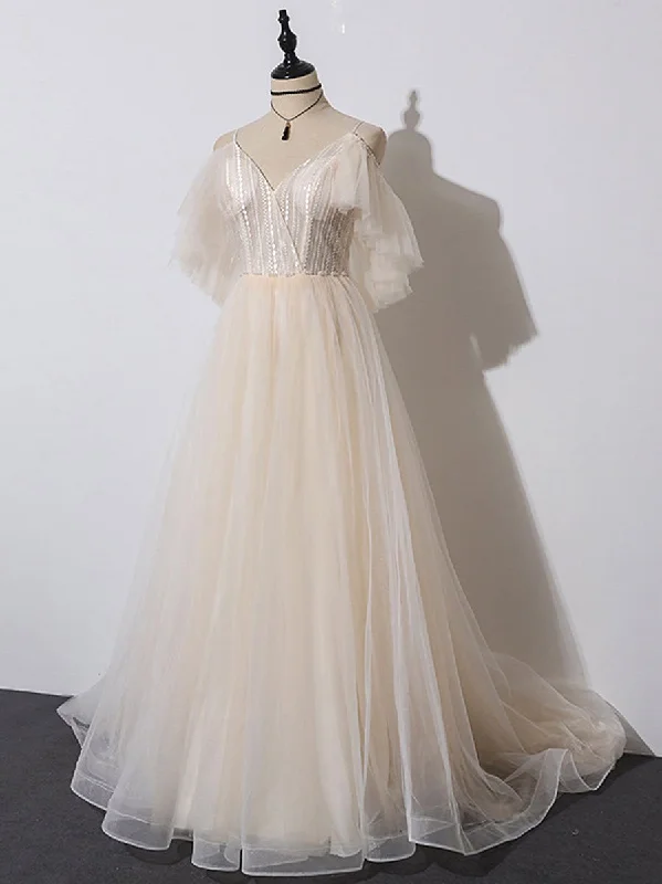 Ivory Tulle V-neckline Straps Off Shoulder Long Evening Dress, A-line Prom Dress Party Dress Cowl Neckline Elegant Ivory Tulle V-neckline Straps Off Shoulder Long Evening Dress, A-line Prom Dress Party Dress Cowl Neckline Elegant