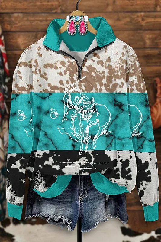Vintage Western Turquoise Cow Print Zip-Up Sweatshirt Hoodie Sweatshirt Pullover