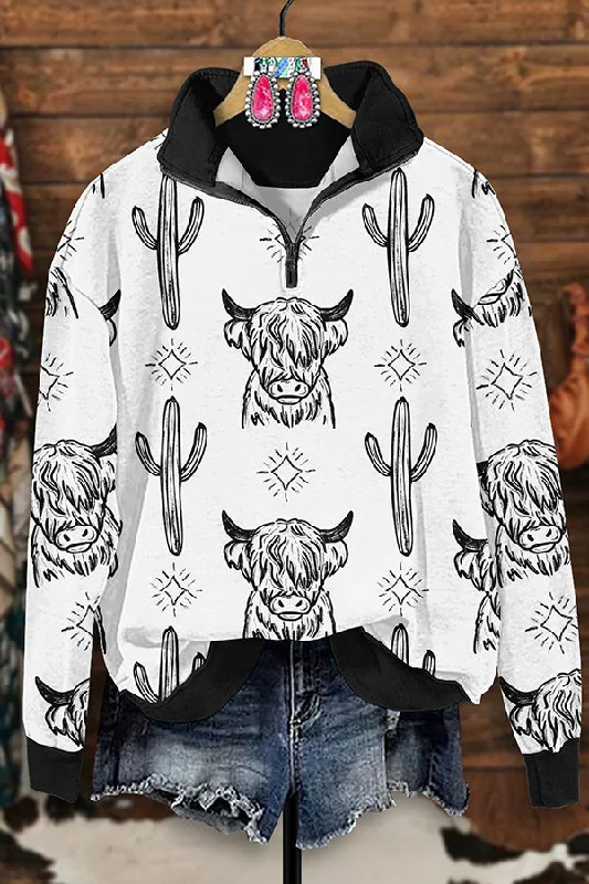Retro Western Bull Head Print Zip-Up Sweatshirt Hoodie with Slim Fit Tailored Modern