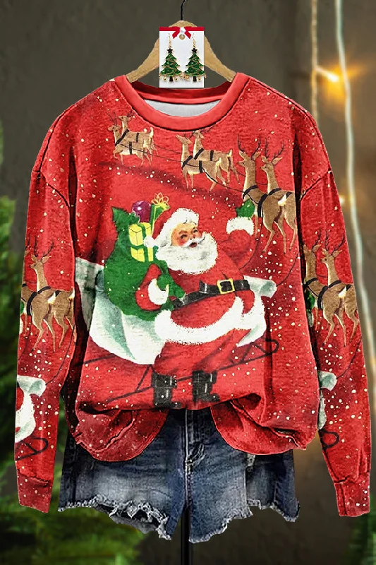 Retro Ugly Christmas Santa Claus Reindeer Sweatshirt Hoodie with Tied Waist Feminine Flattering