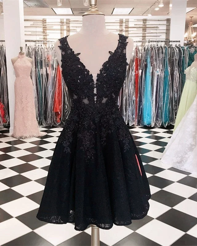 Elegant A-line Deep V-neck Lace Homecoming Dresses Short Cocktail Party Dress Tunics Fall fleece Elegant A-line Deep V-neck Lace Homecoming Dresses Short Cocktail Party Dress Tunics Fall fleece