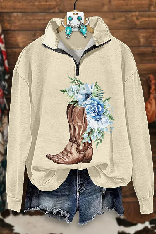 Western Boots Floral Print Zip-Up Sweatshirt Hoodie with Strings Custom Fit Adjustable