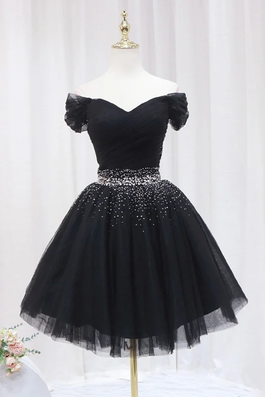 Black Tulle Beaded Short Prom Dress, Off Shoulder Evening Party Dress Tunics Plaid country