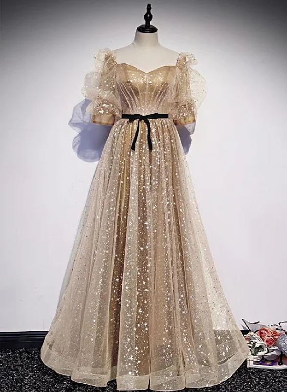 Champagne Tulle Long Party Dress, Short Sleeves A-line Formal Dress Evening Dress Satin Halter Glamorous Champagne Tulle Long Party Dress, Short Sleeves A-line Formal Dress Evening Dress Satin Halter Glamorous