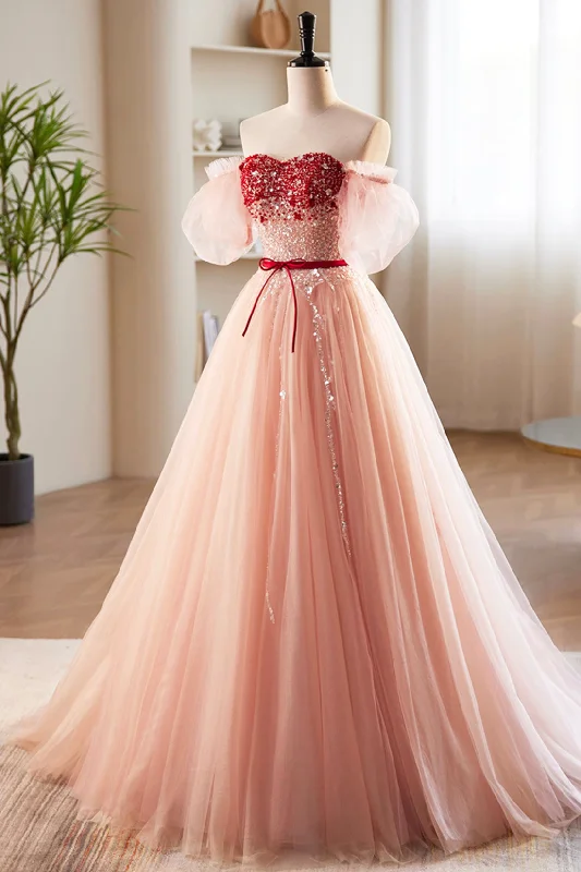 Pink Tulle Beaded Long Prom Dress, A-Line Off Shoulder Evening Party Dress Crew Neckline Casual