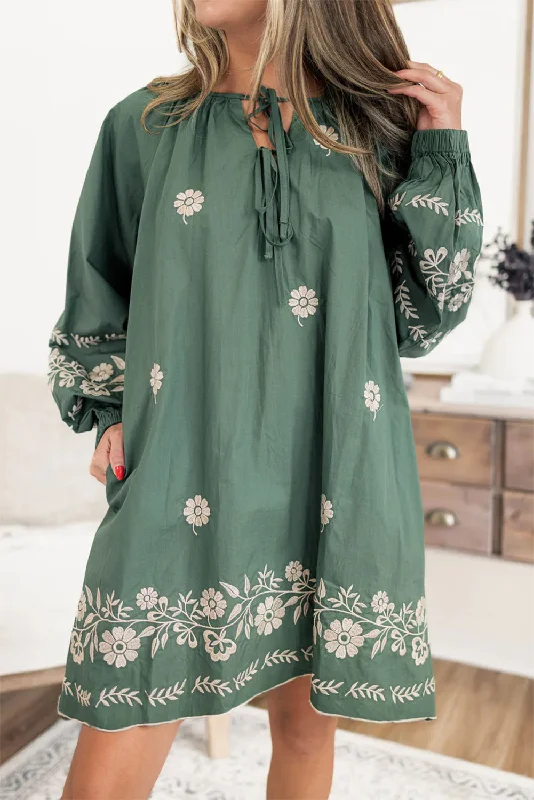 Blue Zone Planet | Mist Green Tie Neck Boho Floral Pattern Puff Sleeve Shift Dress Tunics Seasonal trendy Blue Zone Planet | Mist Green Tie Neck Boho Floral Pattern Puff Sleeve Shift Dress Tunics Seasonal trendy