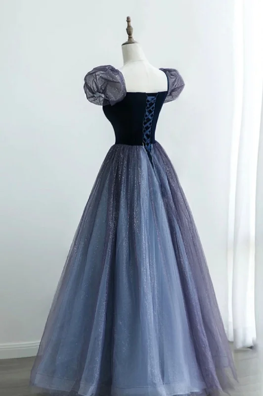 A-Line Velvet Tulle Long Prom Dress, Cute Short Sleeve Evening Party Dress Tunics Bridal satin A-Line Velvet Tulle Long Prom Dress, Cute Short Sleeve Evening Party Dress Tunics Bridal satin