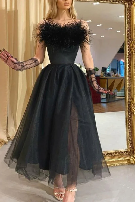 Black Strapless A-Line Prom Party Dress With Feather Turtleneck Neckline Stylish