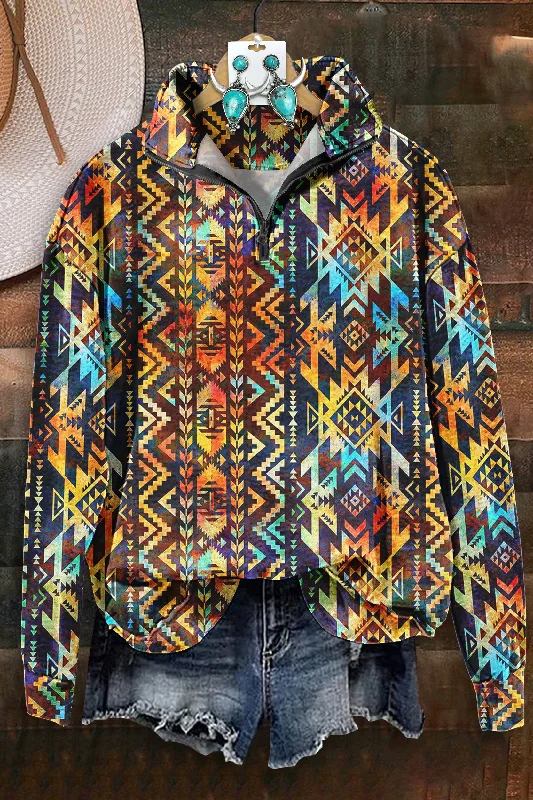 Colorful Aztec Print Zip-Up Sweatshirt Hoodie with Hem Fringe Bohemian Relaxed