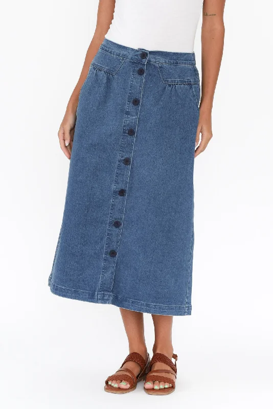 Amanda Blue Stretch Denim Midi Skirt casual skirt length