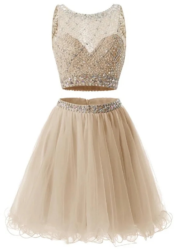 Two Piece Champagne Beaded Tulle Homecoming Dress, Short Prom Dress Party Dress Halter Neckline Beach Two Piece Champagne Beaded Tulle Homecoming Dress, Short Prom Dress Party Dress Halter Neckline Beach