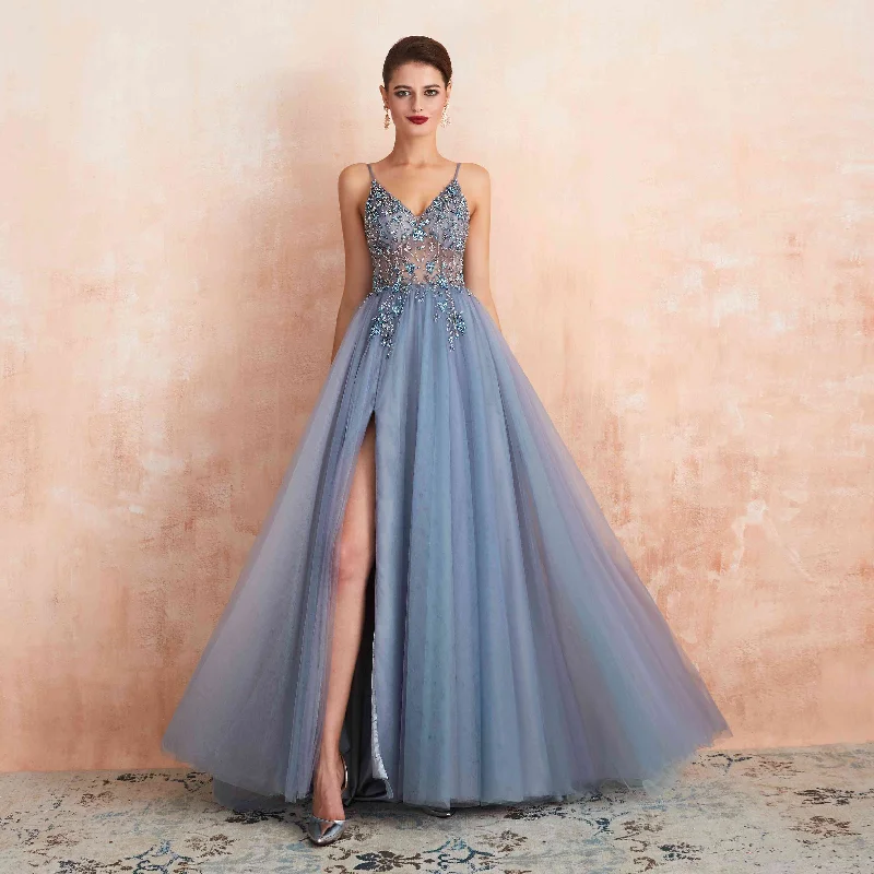 Dusty Blue Beaded See Through Long Slit Prom Dresses with Spaghetti Straps Tunics Mesh breathable Dusty Blue Beaded See Through Long Slit Prom Dresses with Spaghetti Straps Tunics Mesh breathable