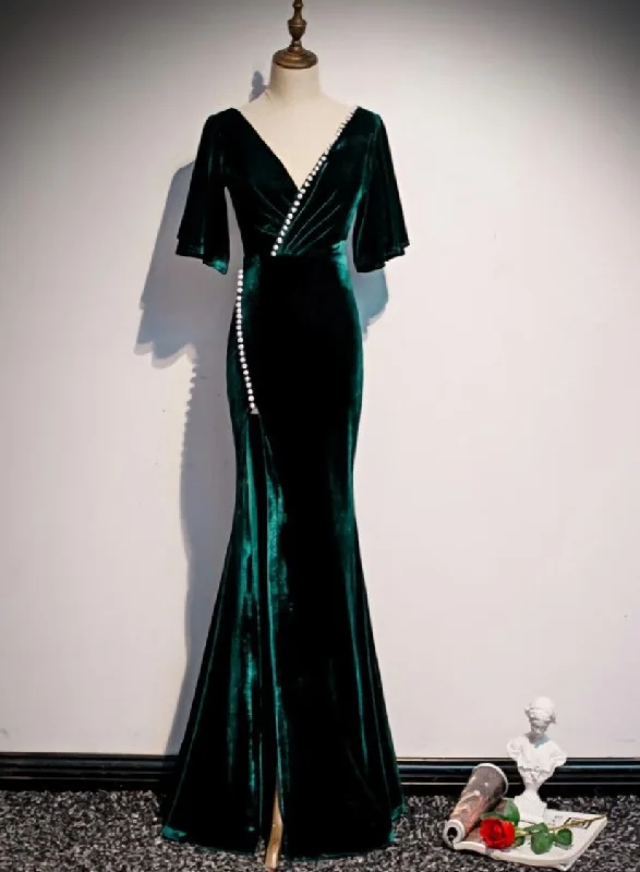 Dark Green Velvet Mermaid Slit V-neckline Formal Dress Party Dress, Long Evening Dresses Pencil Length Work Dark Green Velvet Mermaid Slit V-neckline Formal Dress Party Dress, Long Evening Dresses Pencil Length Work