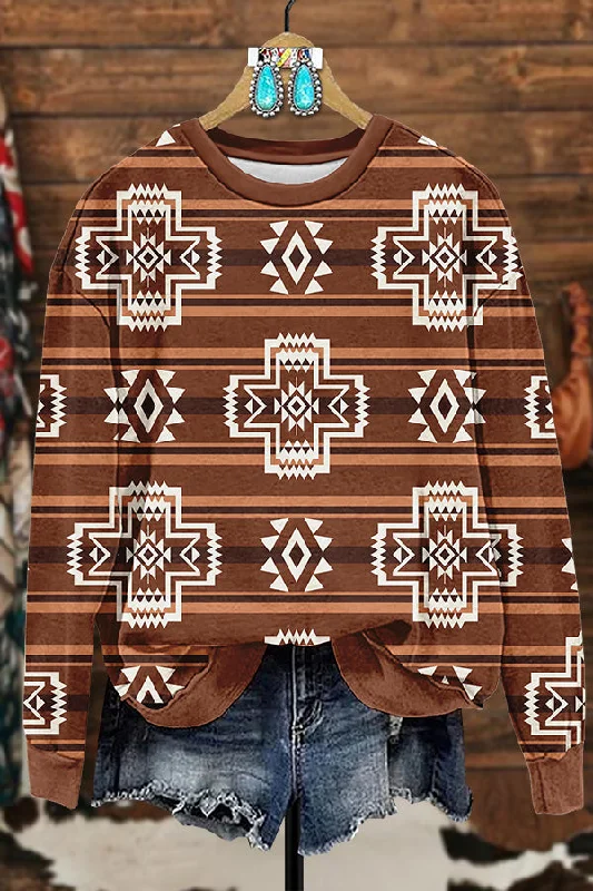 Striped Aztec Printed Sweatshirt Hoodie with Distressed Vintage Worn