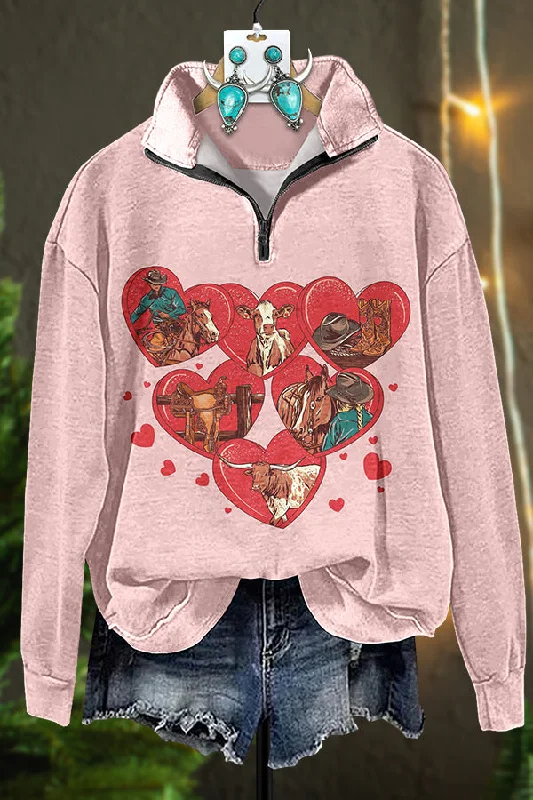 Western Valentine's Day Love Cowgirl Zipper Sweatshirt Zip Hoodie Drawstring Kangaroo Pocket