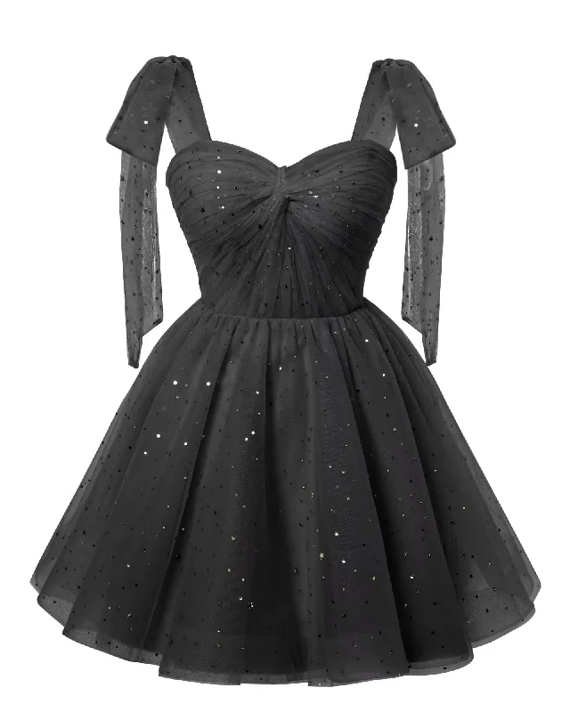 Sparkly Starry Black Tulle Short Homecoming Dresses Spaghetti Bow Straps Prom Dress Sequin Cocktail Party Dress for Teens Tunics Wedding white Sparkly Starry Black Tulle Short Homecoming Dresses Spaghetti Bow Straps Prom Dress Sequin Cocktail Party Dress for Teens Tunics Wedding white