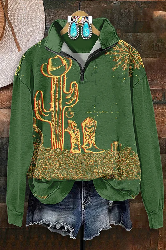Vintage Western Cactus Boots Print Zip-Up Sweatshirt Hoodie with Hem Frayed Vintage Worn