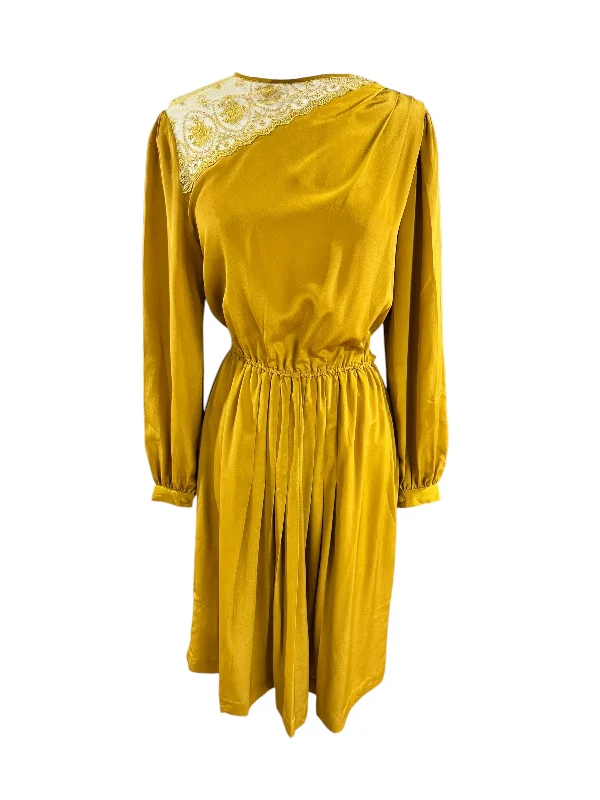 1940s Mustardy Rayon and Lace Dress M Tunics Lace romantic