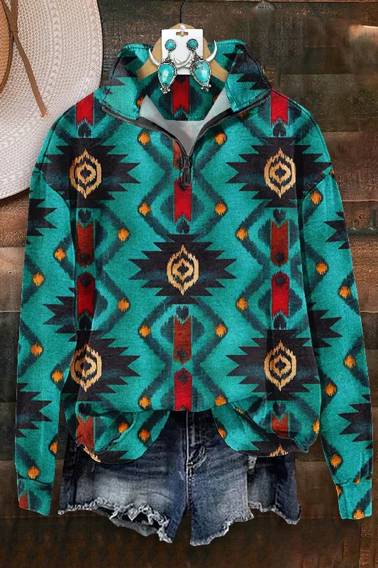 Classic Aztec Print Zip-Up Sweatshirt Hoodie with Hem Frayed Vintage Worn