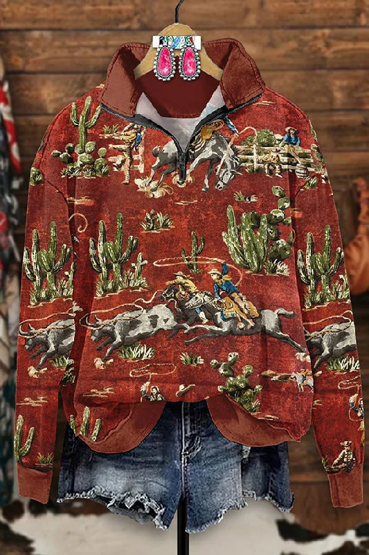 Vintage Western Rodeo Print Zip-Up Sweatshirt Hoodie with Hem Detail Decorative Unique